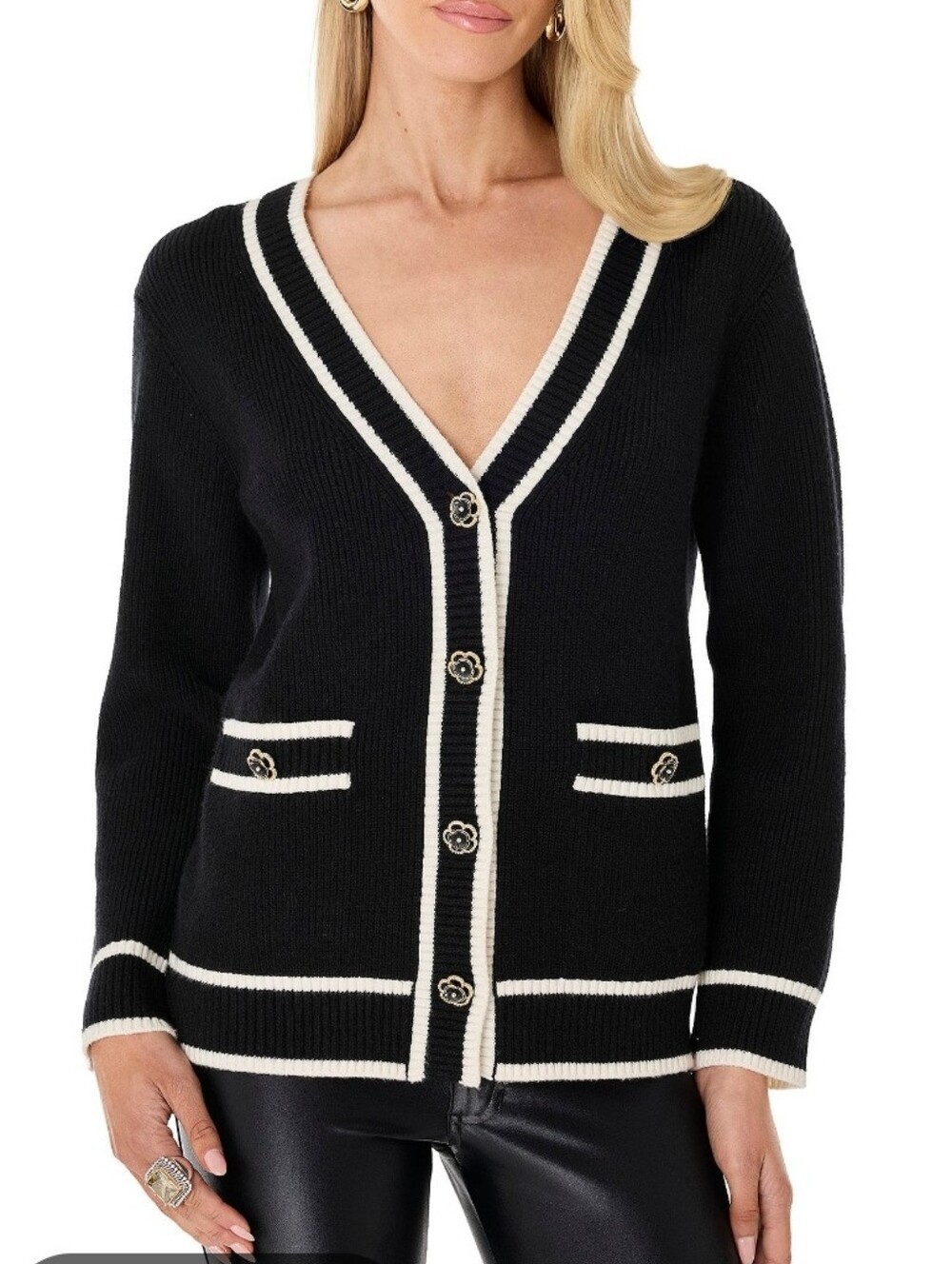Adrienne Vittadini Black Cardigan with White Trim